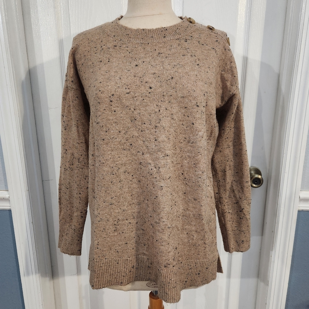 Speckled Tan Sweater with Button Detail On Sholder